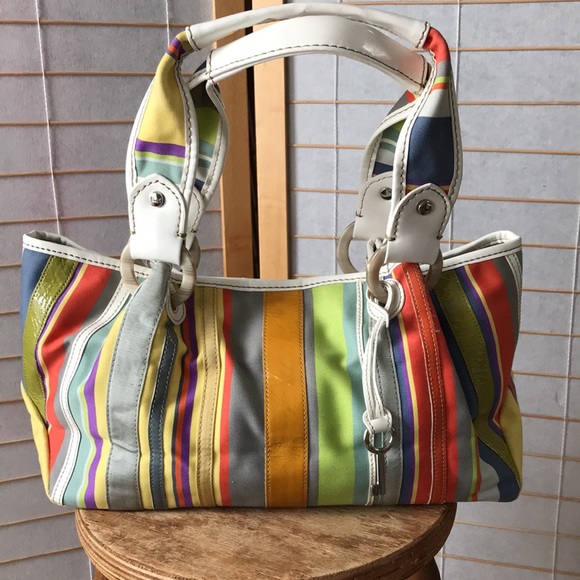 Fossil Handbags - NWOT Fossil baguette tote Colorful stripes fun Summer shoulder bag white vinyl